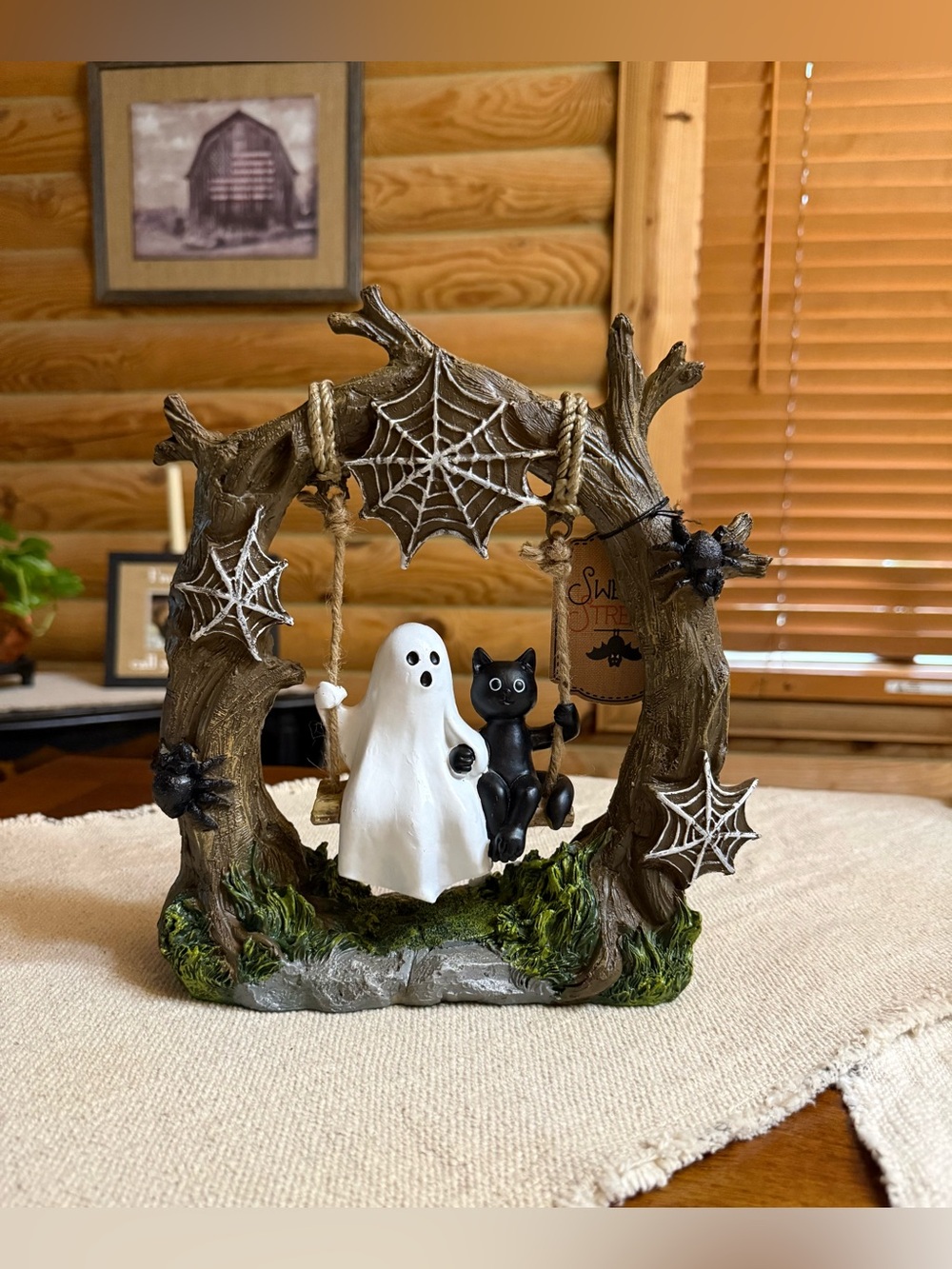 Halloween GHOST & BLACK CAT on Tree Swing with Spiderweb